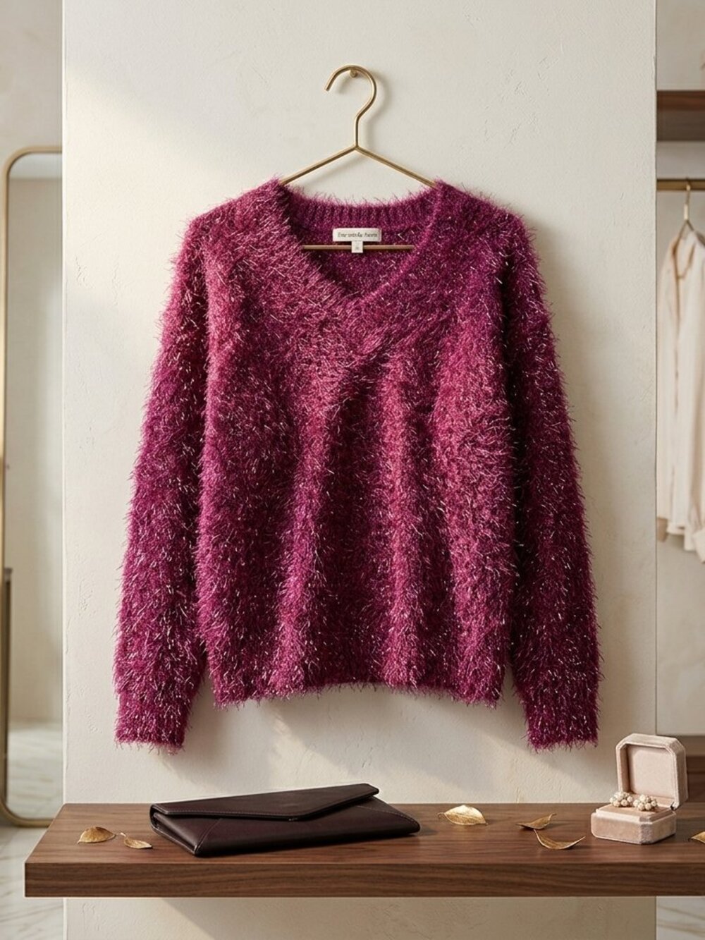 See And Be Seen Large Fuzzy Pink Magenta Eyelash Shaggy Metallic Knit Sweater